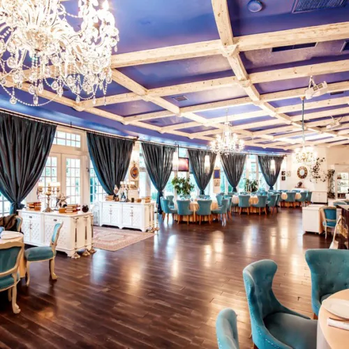 restaurant-hall-with-turquoise-chairs-french-windows-navy-coloured-ceiling_140725-8448